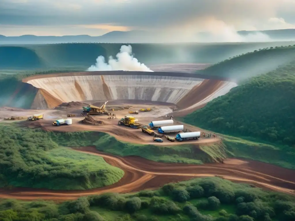 Impacto de la minería en comunidades indígenas: Contraste entre la naturaleza y la industria en una mina, con protesta indígena