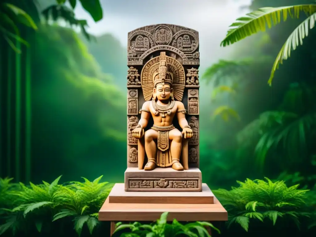 Estela maya tallada: gobernante poderoso en trono Imponente estela maya tallada, con gobernante en trono y jeroglíficos, en exuberante selva