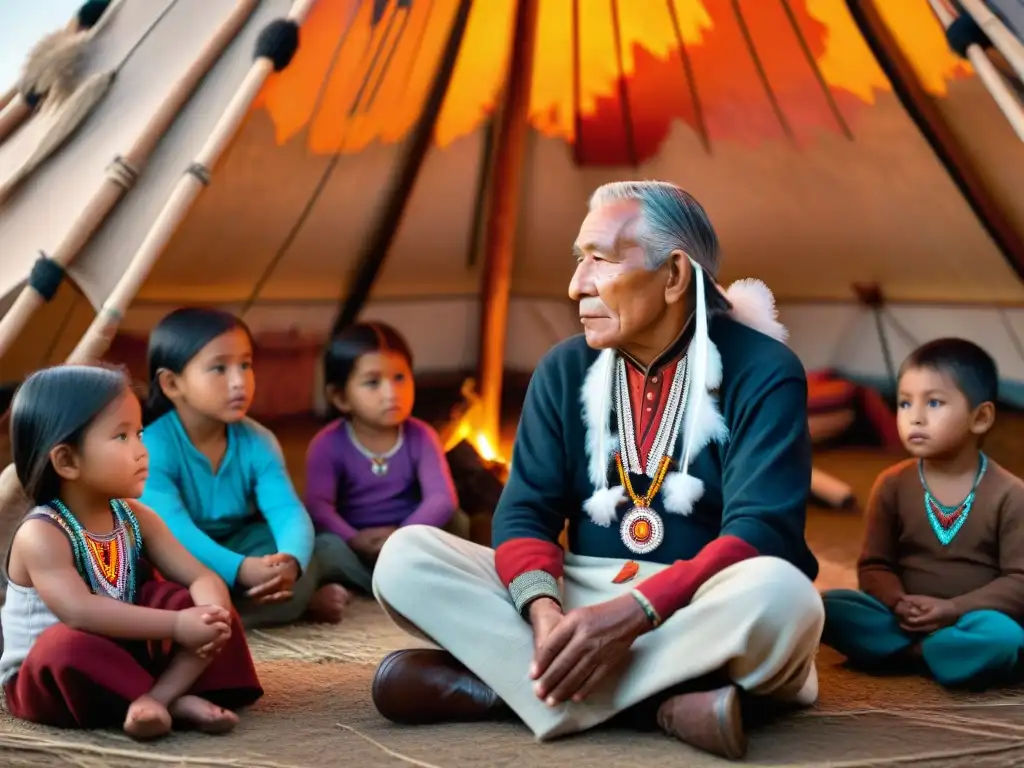 Importancia de ancianos en educación indígena: Anciano Lakota en regalia tradicional enseña a niños en tipi iluminado por fuego