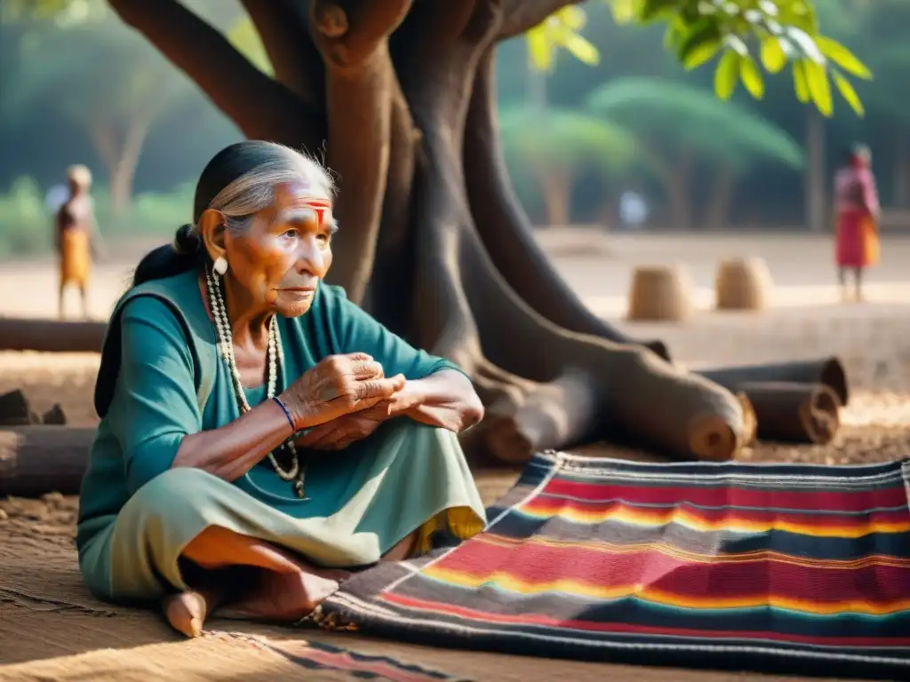 Importancia de los ancianos en la revitalización de lenguas indígenas: Una mujer anciana indígena comparte sabiduría y cultura con niños bajo un árbol