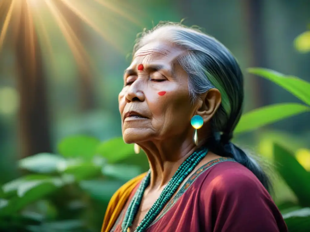 Importancia del canto en comunidades indígenas: Anciana cantando en la naturaleza con sabiduría ancestral