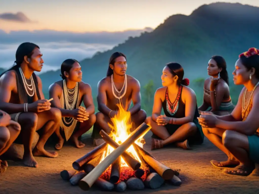 La importancia del canto en comunidades indígenas: Grupo indígena alrededor de fogata, cantando y tocando instrumentos tradicionales al anochecer