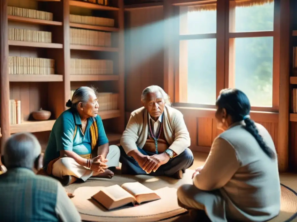 Importancia de preservación de lenguas indígenas: ancianos en círculo, inmersos en taller de idioma, rodeados de libros y luz cálida