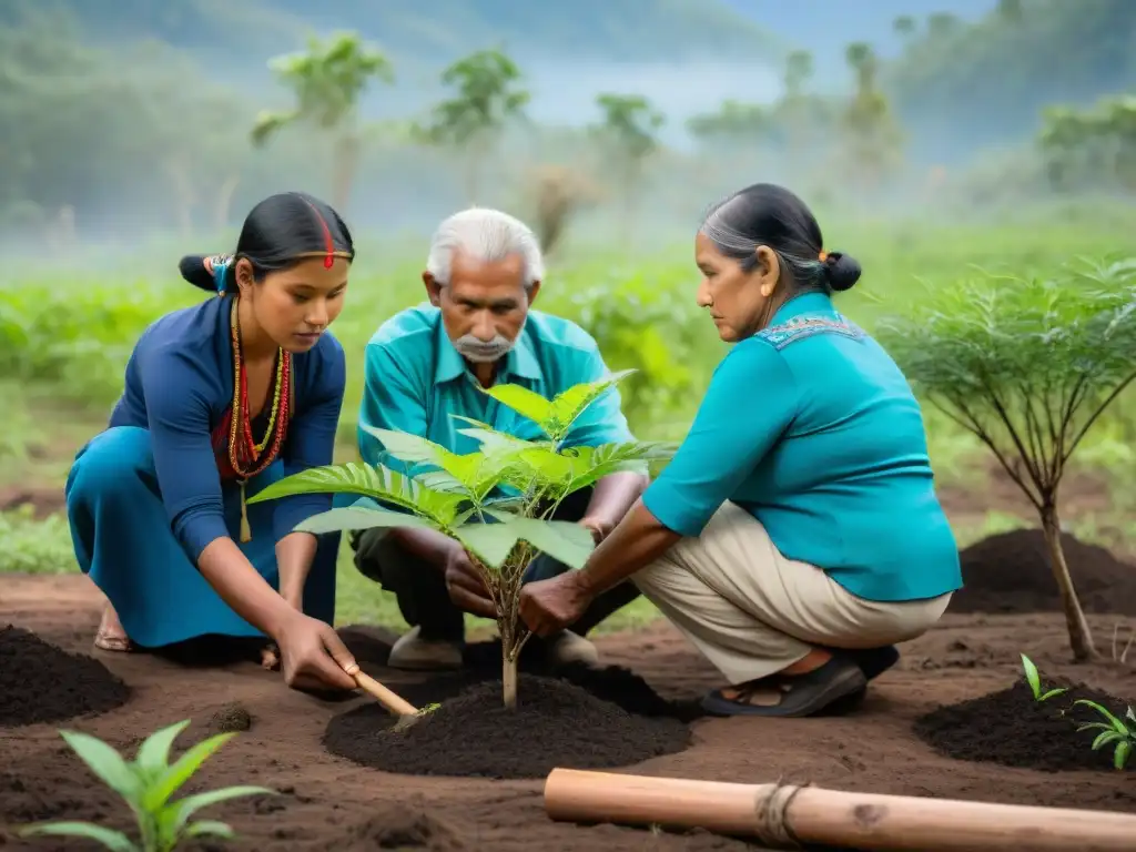 La importancia de la sabiduría indígena en la reforestación moderna, representada por ancianos y jóvenes plantando árboles en un bosque exuberante