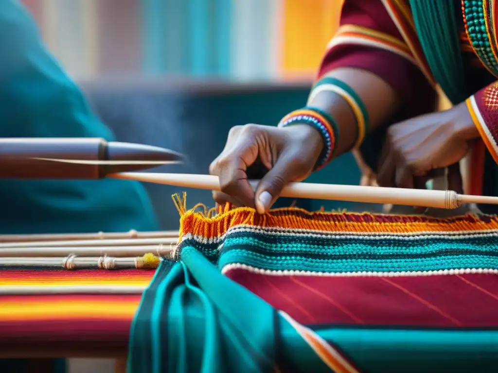 Tejiendo tradición: Detalles vibrantes de textil indígena Importancia de textiles en movimientos sociales indígenas: tejido tradicional con colores vivos y patrones detallados