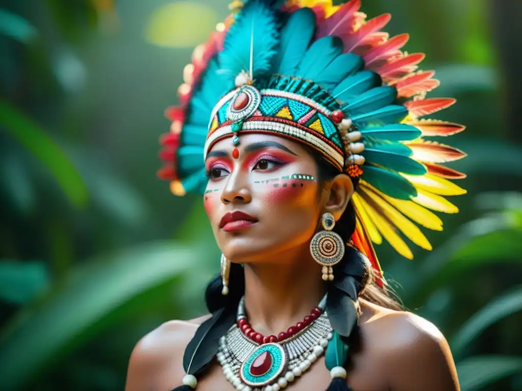 La importancia de los tocados mayas resplandece en esta mujer maya con un tocado de plumas y piedras preciosas, en la selva verde