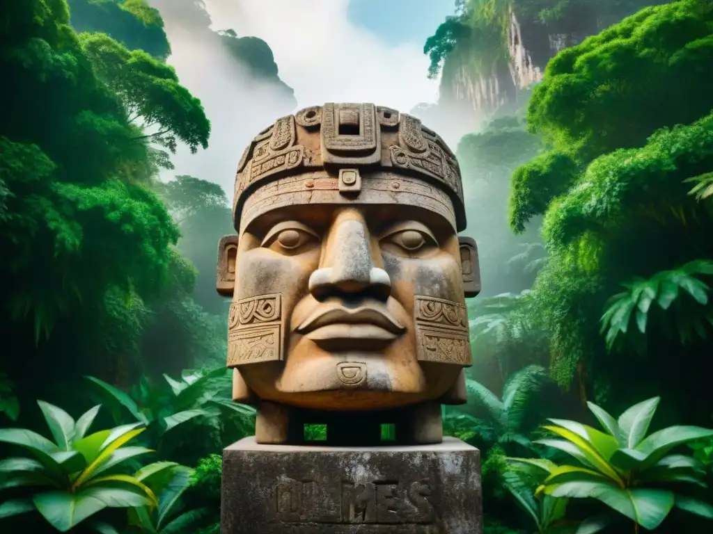 Impresionante cabeza colosal olmeca en la jungla mesoamericana, detalle y misterio de la civilización olmeca y sus colosos