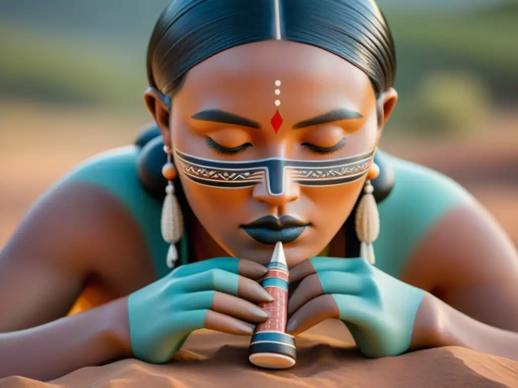 Figura cerámica indígena: símbolos de fertilidad y sabiduría Una impresionante cerámica de mujer indígena, detallada y llena de simbolismo, capturando la esencia de la tradición