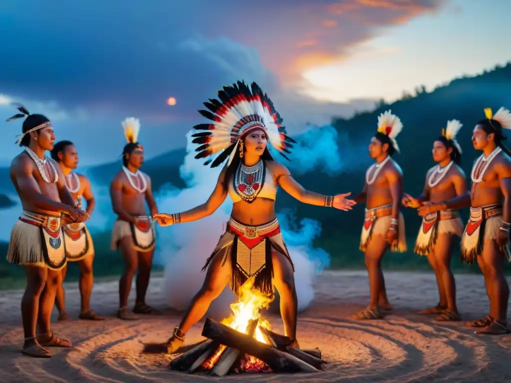 Impresionante danza en ceremonias de iniciación alrededor de la fogata bajo el cielo nocturno