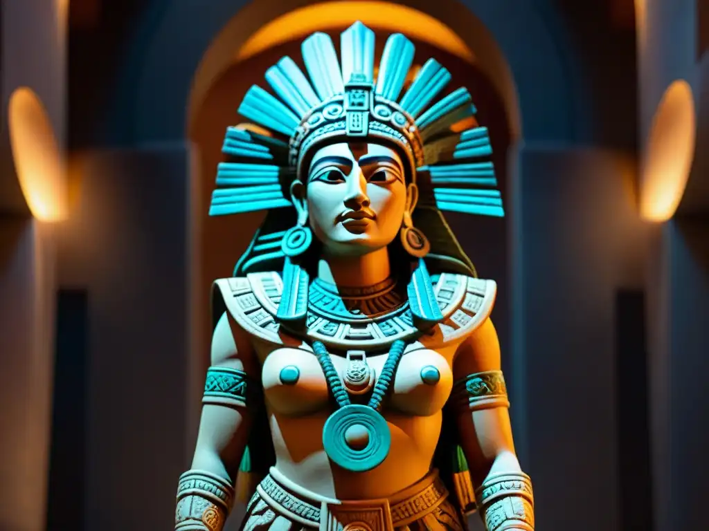 Impresionante estatua de la diosa azteca Coatlicue, reflejando la fuerza de las deidades femeninas en culturas indígenas