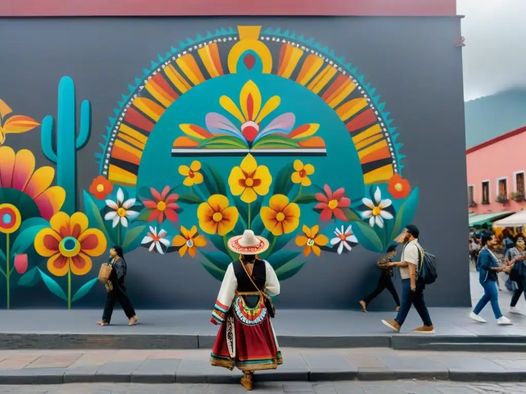 Impresionante mural en CDMX con motivos recurrentes de poesía indígena América, destacando colores y símbolos únicos