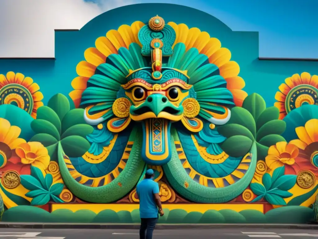 Una impresionante obra mural de Quetzalcóatl en su dualidad, representando sabiduría y cultura en ricos colores