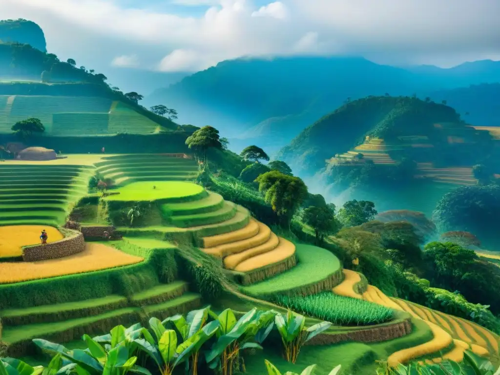 Impresionante terrazas agrícolas precolombinas con cultivos y agricultores, reflejando la agricultura avanzada de antiguas civilizaciones