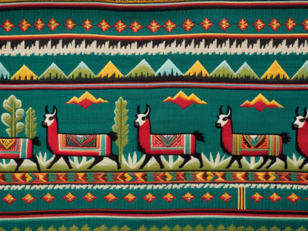 Un impresionante textil andino con iconografía textil tejidos andinos, muestra llamas pastando en paisaje montañoso