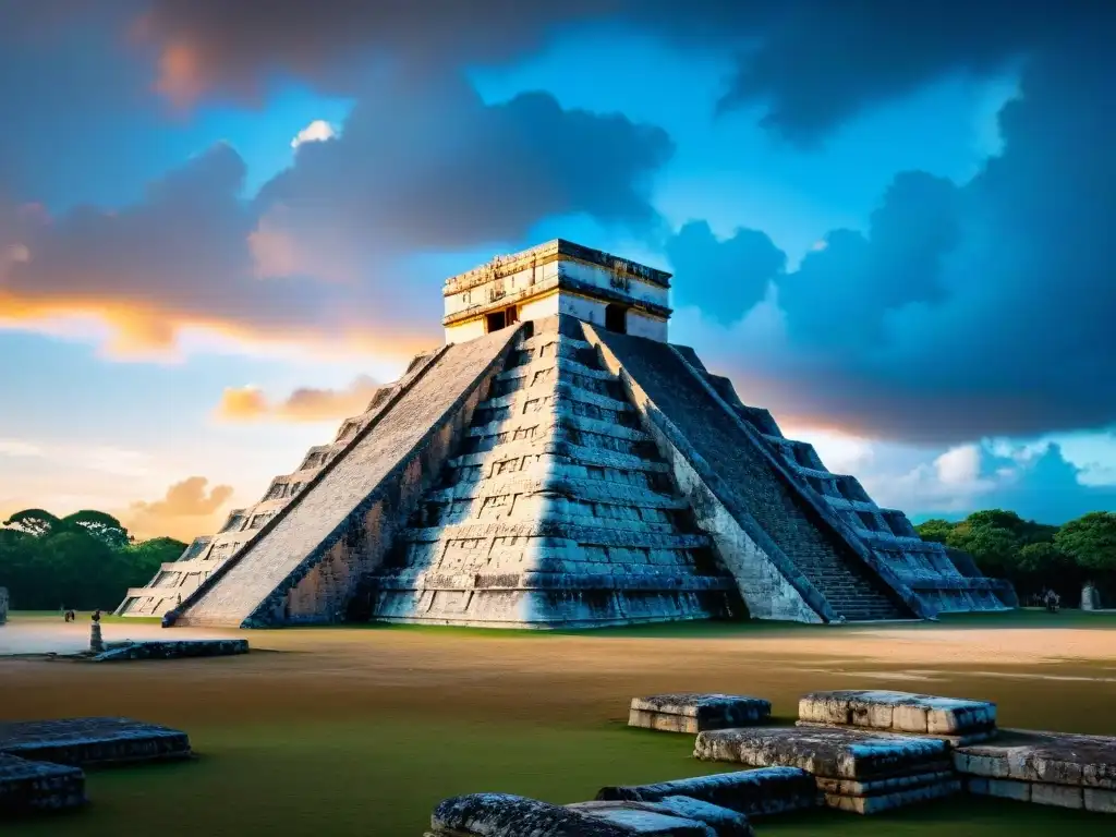 Una impresionante vista cinematográfica de las antiguas ruinas mayas en Chichén Itzá al atardecer, destacando los avances astronómicos mayas