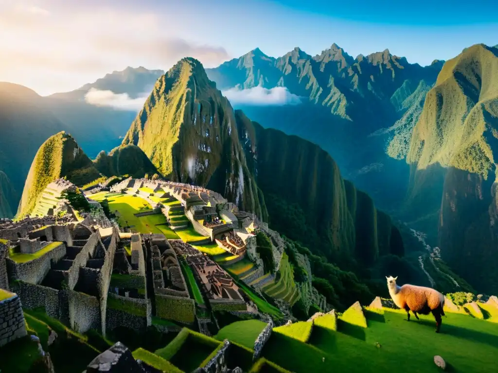 Impresionante vista de Machu Picchu al amanecer con una llama solitaria