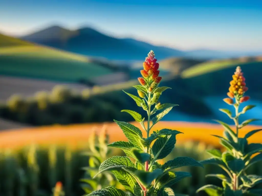 Increíble cultivo ancestral de quinua brillando bajo el sol en un campo vibrante