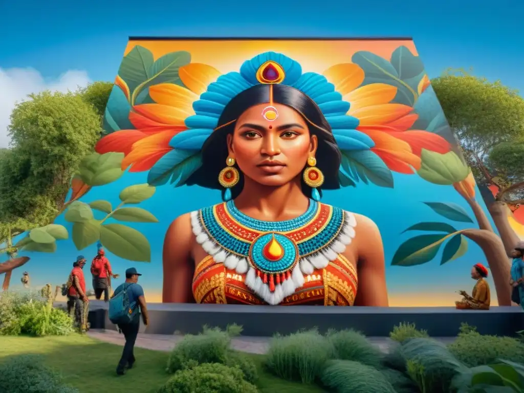 Increíble obra de arte indígena en plataformas digitales: un mural detallado con símbolos culturales y un artista rodeado de admiradores diversos