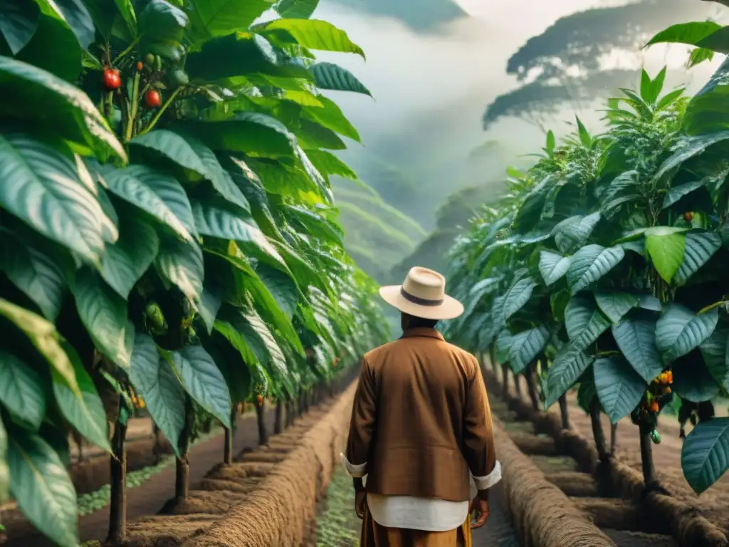 Plantación de café indígena: agricultores inspeccionando con devoción las cerezas, resplandeciendo los colores vibrantes de la tierra