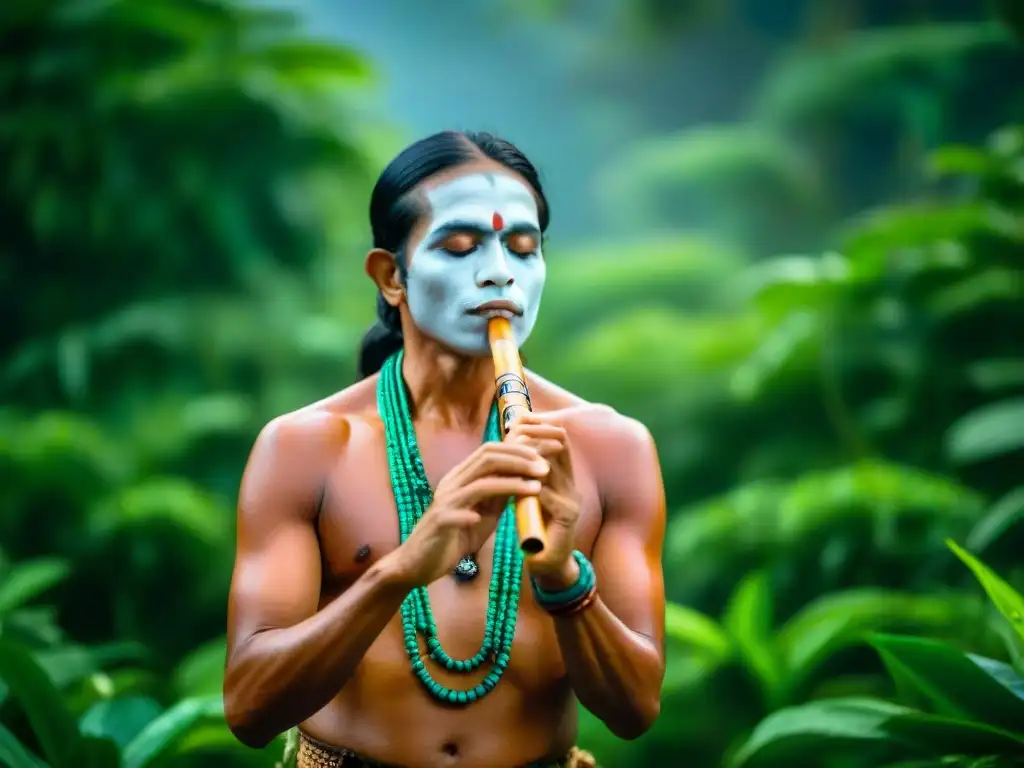 Músico indígena del Amazonas tocando flauta en la selva, rodeado de naturaleza exuberante y vida silvestre vibrante