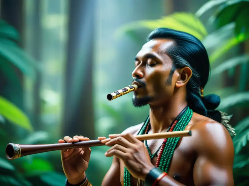 Músico indígena tocando flauta de madera en la selva