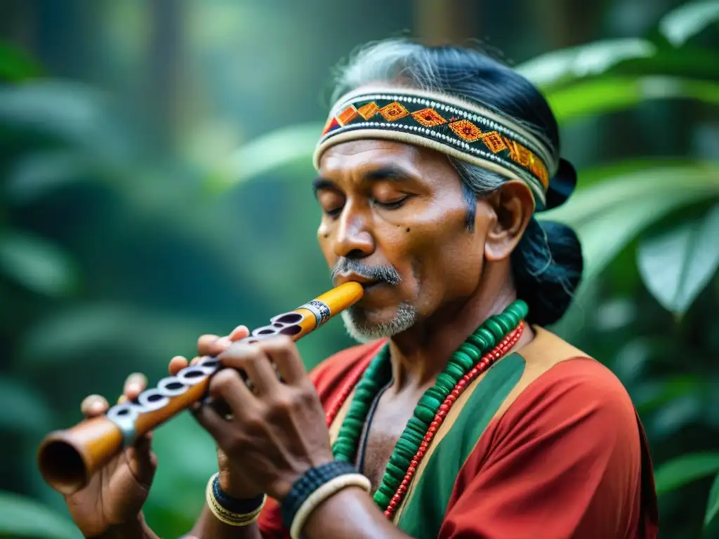 Flautista indígena: conexión ancestral con la naturaleza Músico indígena tocando flauta en la selva, conectando con la historia de los instrumentos musicales indígenas