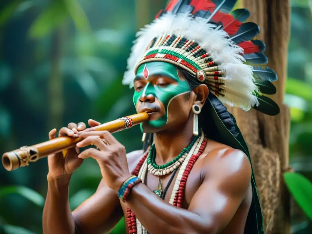 Músico indígena tocando flauta en la selva, con instrumentos colgando de un árbol