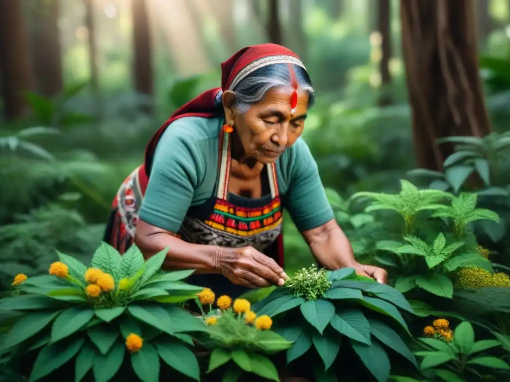 Indígena recolectando hierbas en bosque, reflejando la conexión con la tierra y la Medicina herbal nativa en América