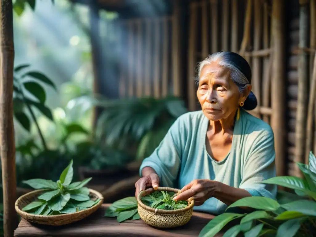 Indígena recolectando hierbas medicinales en la selva vibrante