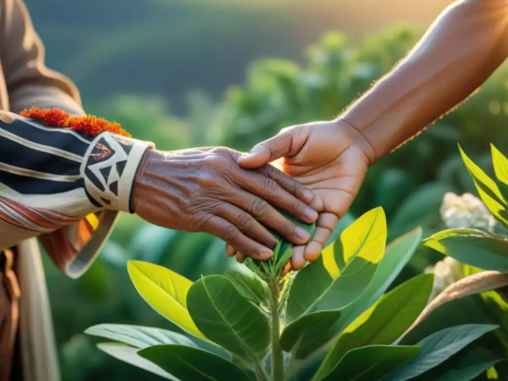 Indígena cuidando un huerto medicinal con plantas nativas, reflejando la conexión ancestral con la tierra