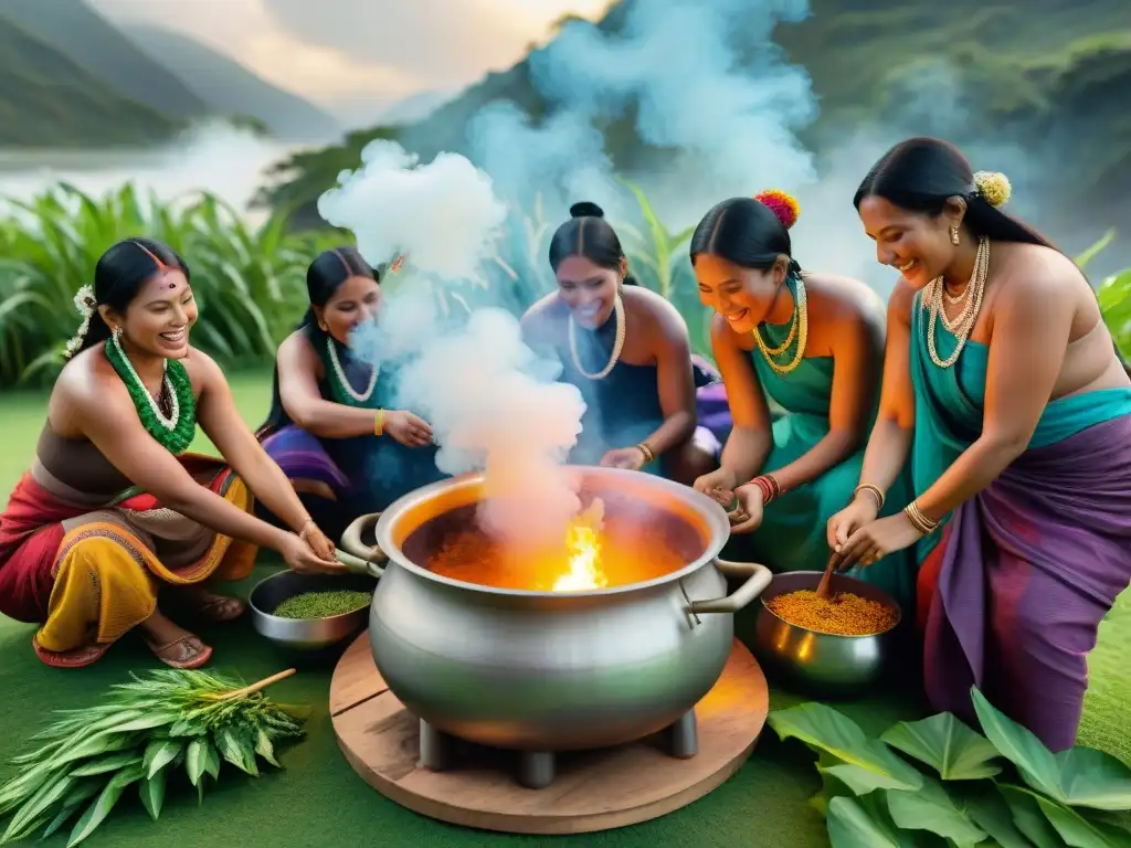 Escena vibrante de festival indígena: potente aroma y coloridas tradiciones Celebración indígena con ingredientes secretos festivales indígenas
