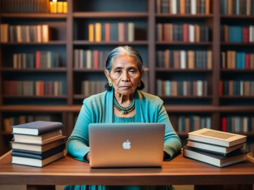 Influencer indígena preservando lenguas: mujer mayor con tatuajes faciales tradicionales frente a laptop y libros