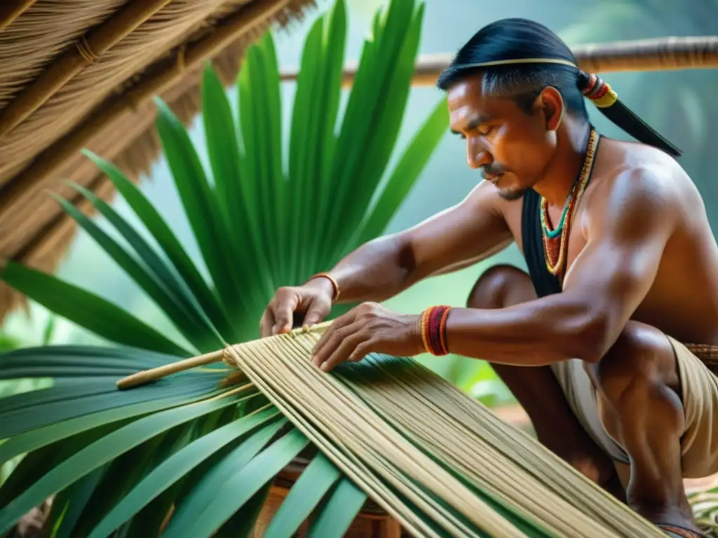 Construcción indígena con materiales naturales: Artesano maya tejiendo techo de hojas de palma, destacando la técnica ancestral