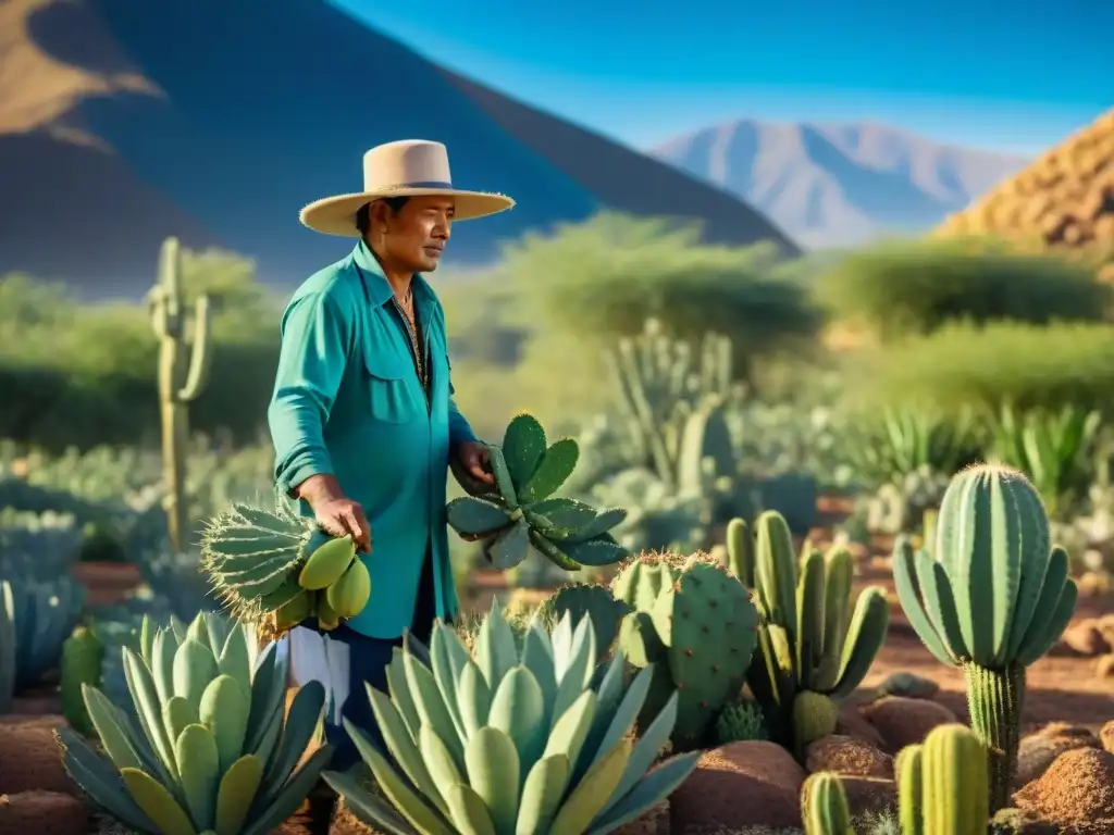 Un indígena cultiva nopales bajo el sol, resaltando su importancia cultural