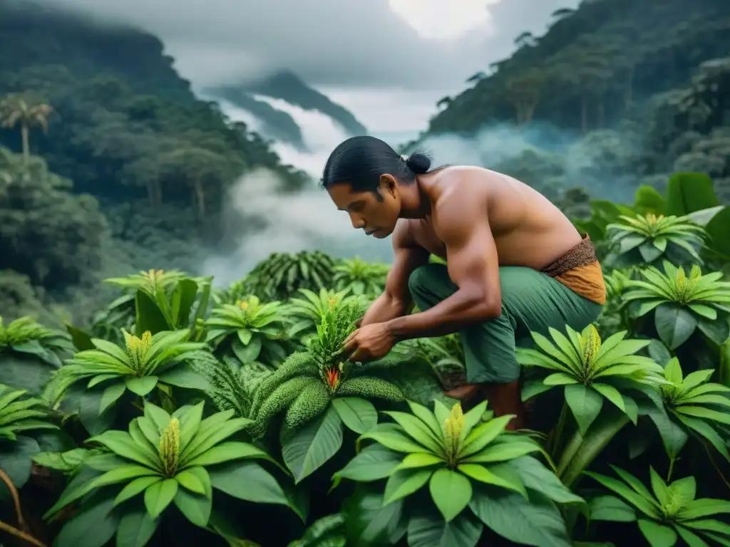 Indígena recolectando planta en Amazonía para suplementos naturales indígenas populares