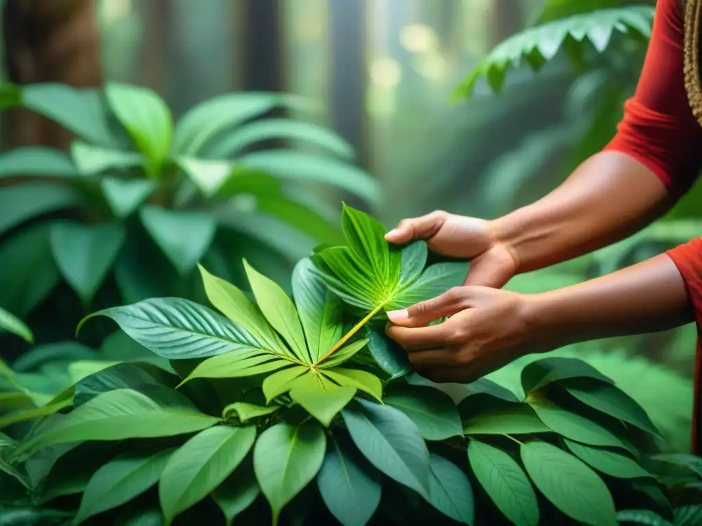 Un chamán indígena selecciona plantas medicinales en la selva