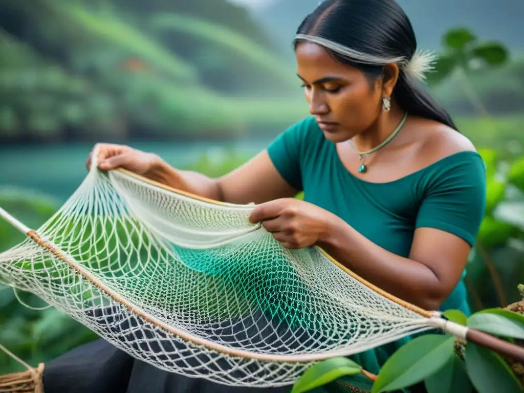 Indígena tejiendo red pesca tradicional entre naturaleza exuberante