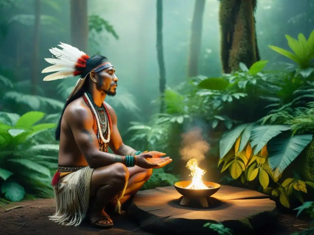 Chamán indígena en ritual de limpieza espiritual en el bosque Un chamán indígena realiza un ritual de curación espiritual en un bosque exuberante