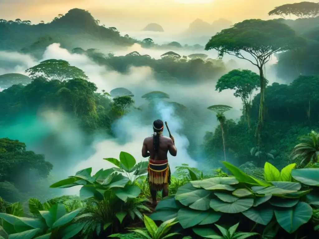 Un chamán indígena realiza un ritual de sanación en la selva amazónica al amanecer, rodeado de plantas medicinales