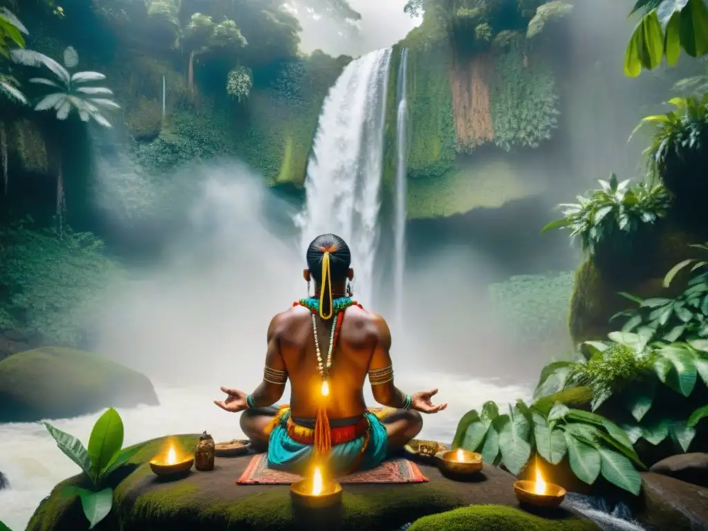 Ritual de purificación en la selva: chamán indígena y cascada Un chamán indígena realiza un ritual de purificación en la selva, rodeado de ofrendas y símbolos sagrados