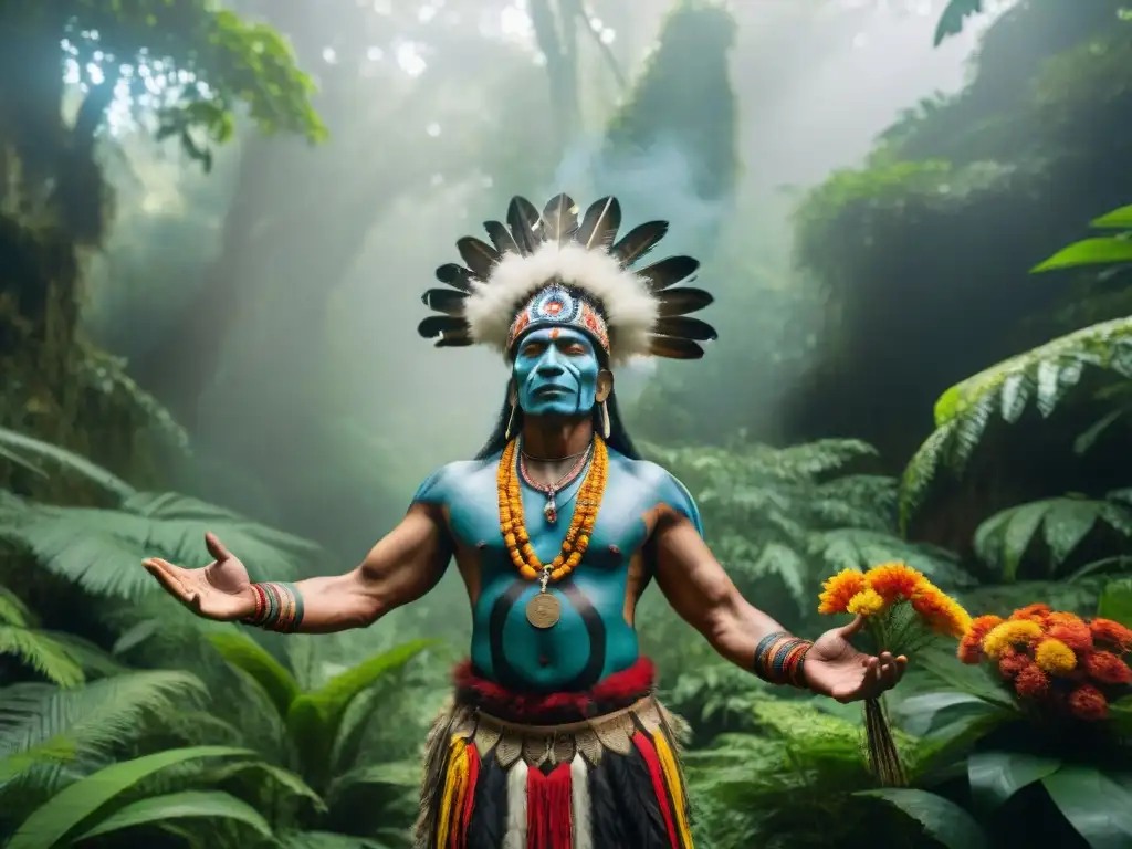 Un chamán indígena realiza un ritual en la selva, rodeado de naturaleza exuberante y misticismo