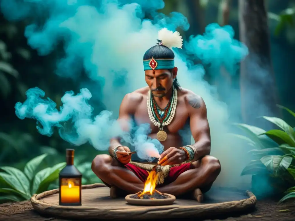 Un chamán indígena realiza un ritual con tabaco, con humo y símbolos místicos, en conexión espiritual con la naturaleza