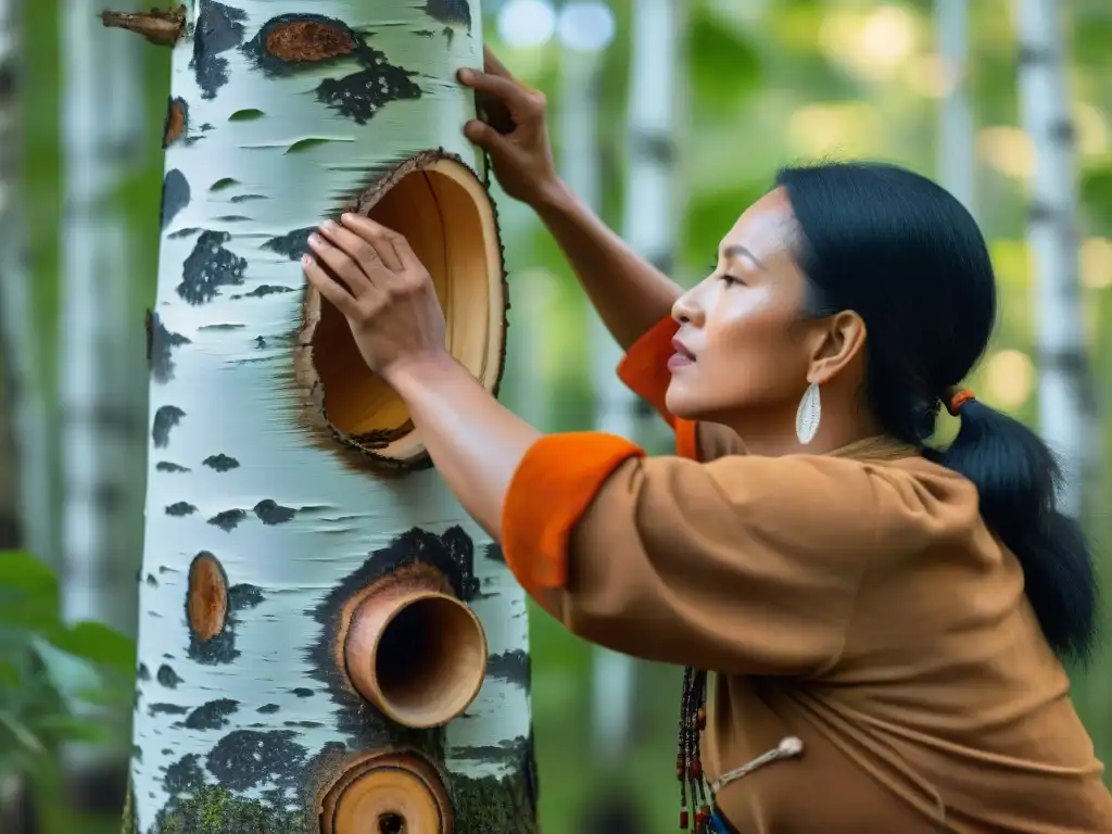 Un indígena recogiendo savia de abedul en el bosque, mostrando el arte de la sobrevivencia indígena en la naturaleza serena