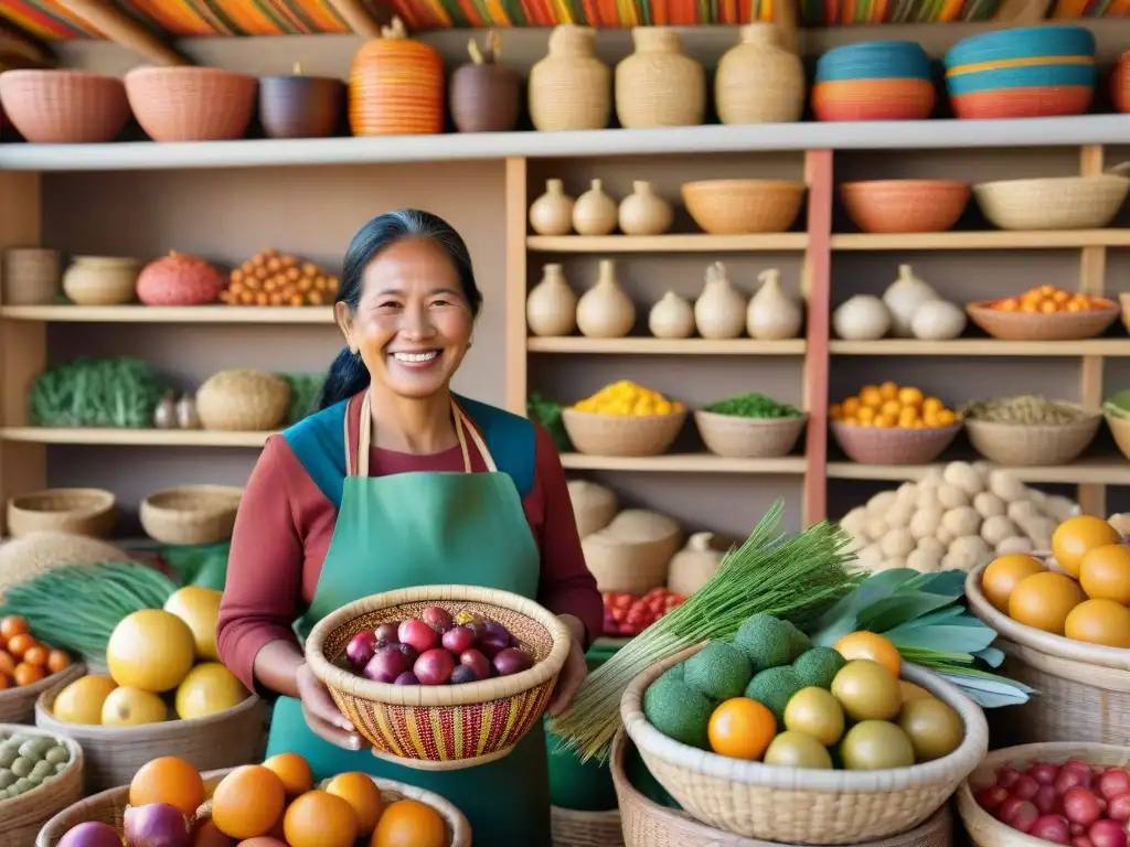 Un indígena sonriente muestra variedad de alimentos tradicionales en tienda indígena