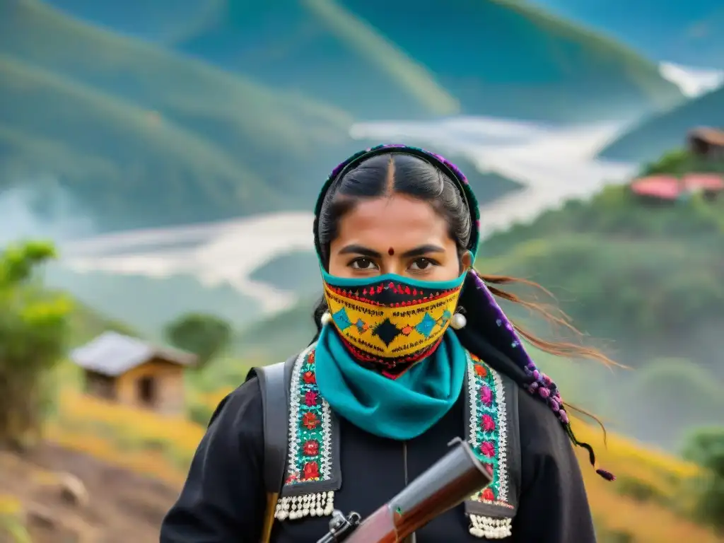 Indígena zapatista con huipil bordado, pasamontañas y rifle, camina entre montañas neblinosas en Chiapas, México