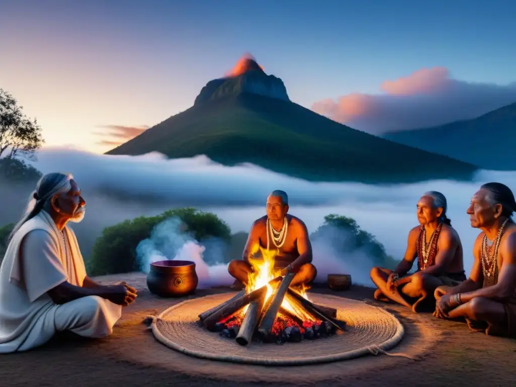 Indígenas ancianos en ritual junto al fuego, expresando sabiduría y reverencia bajo un cielo estrellado