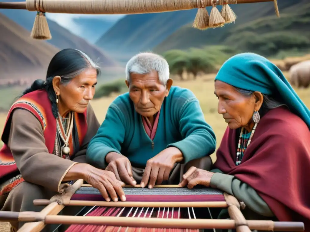 Indígenas Andinos transmitiendo sabiduría ancestral en telar, rodeados de textiles vibrantes