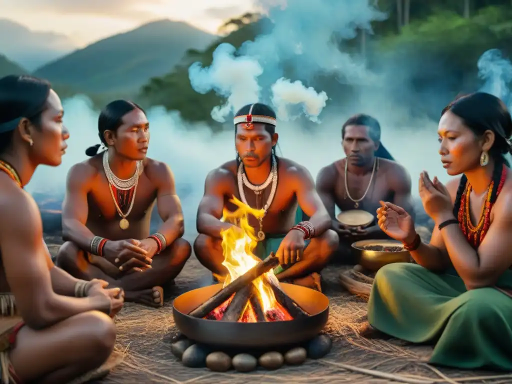 Indígenas en ceremonia de ayuno y purificación alrededor de fuego sagrado en la selva