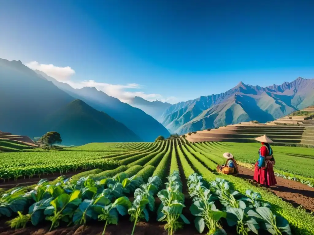 Indígenas cuidando cultivos de maca en los Andes, beneficios de la maca andina