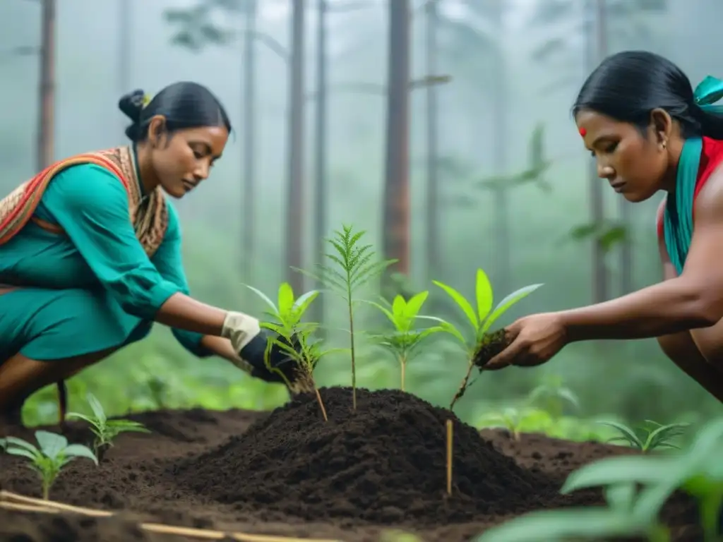 Indígenas reforestando con delicadeza en un bosque exuberante